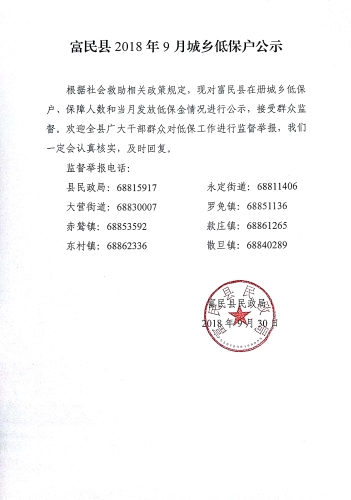 富民县2018年9月城乡低保户公示