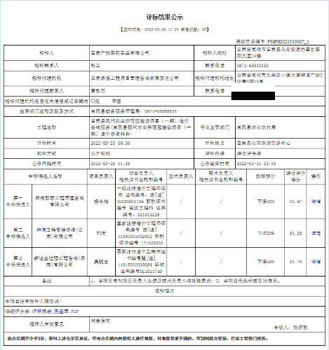 富民县现代农业示范园建设项目（一期）造价咨询服务评标结果公示