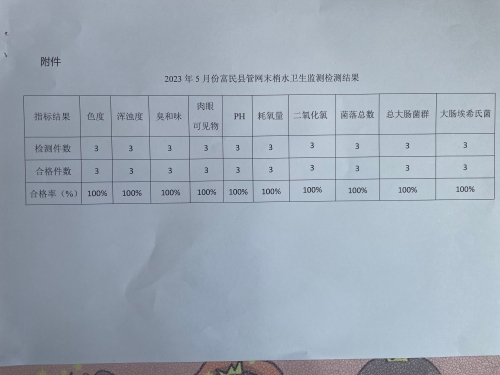 2023年5月份富民县管网末梢水卫生监测检测结果
