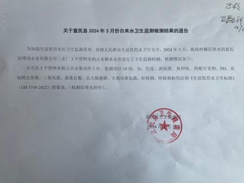 关于富民县2024年3月份自来水卫生监测检测结果的通告