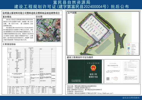 建设工程规划许可证（建字第富民县202400004号）批后公布（昆明强云新材料有限公司塑料造粒及塑料制品制造销售项目）