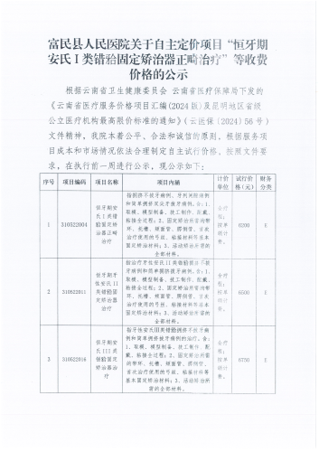 富民县人民医院关于自主定价项目“恒牙期安氏I类错牙合固定矫治器正畸治疗”等收费价格的公示_01